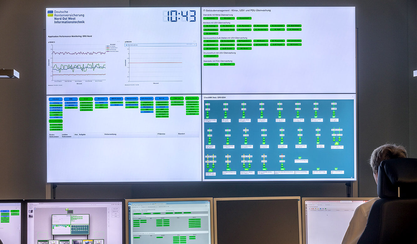 JST - Monitoring in the IT control center NOW-IT - Operator workstation in front of large screen wall