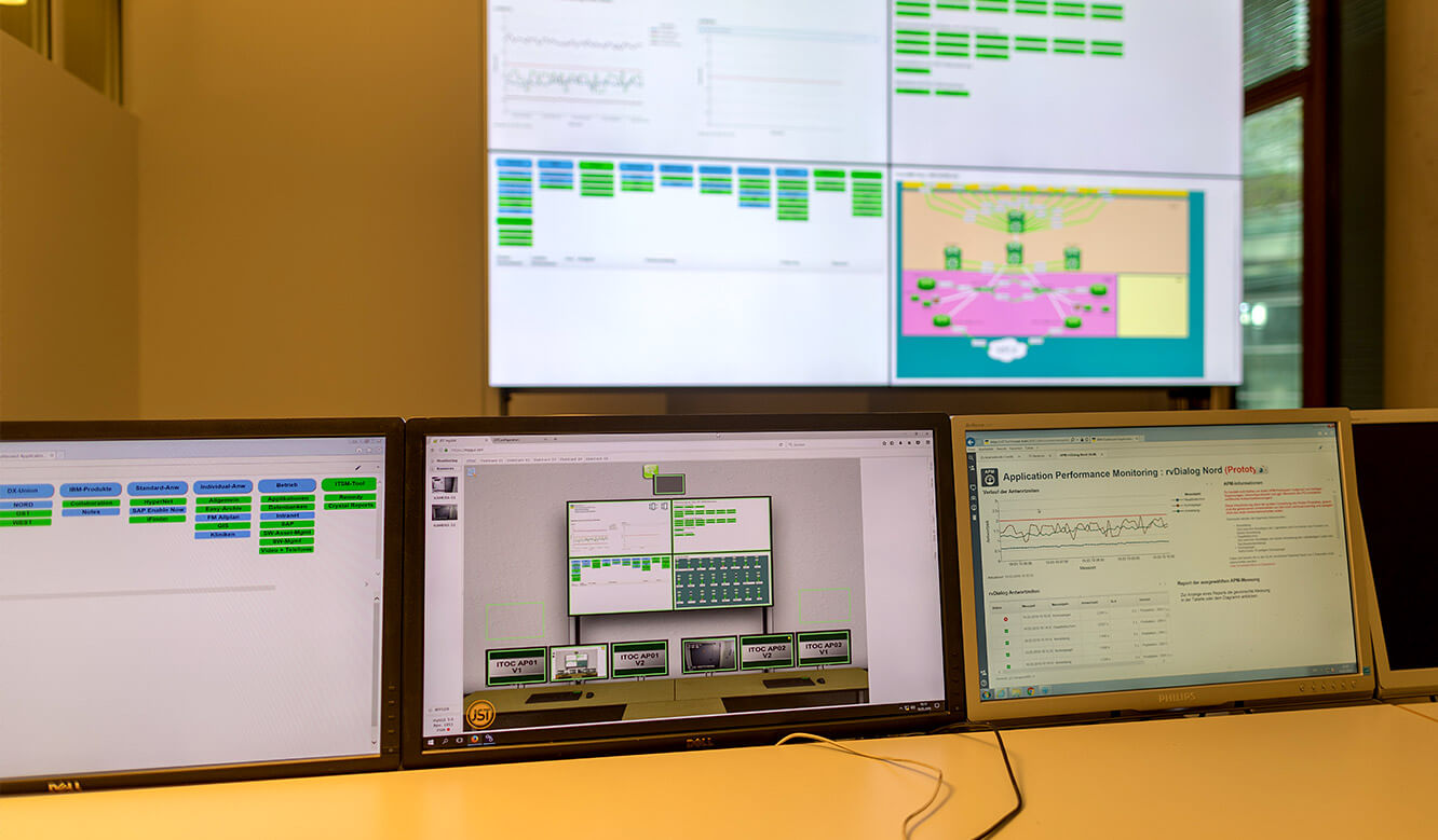 JST - Überwachung im IT-Leitstand NOW-IT - Arbeitsplatz-Monitore mit Bedienoberfläche zur Steuerung der Großbildwand