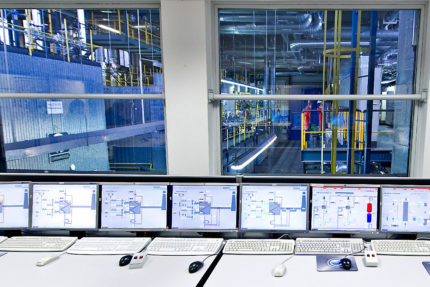 JST - BMW plant Dingolfing: central energy control centre. View from the control centre into the factory halls