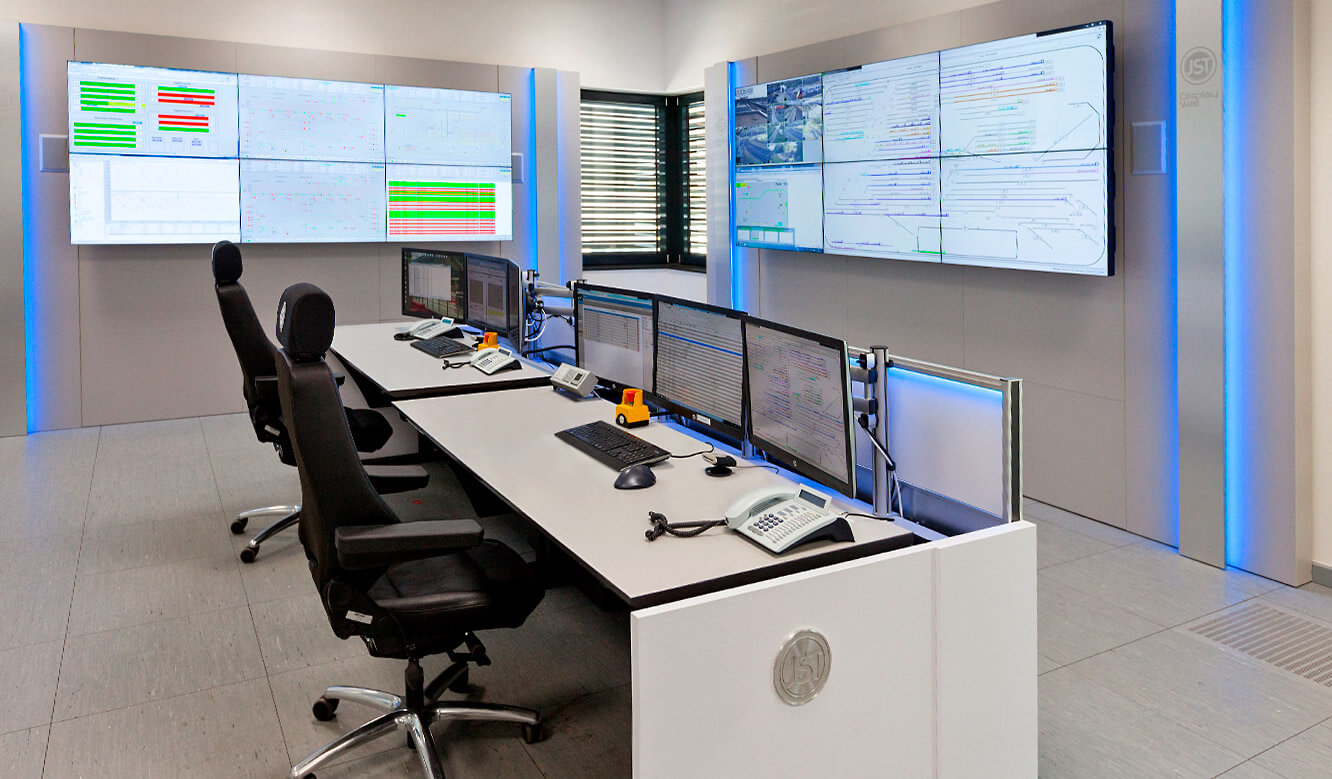 JST-Siemens Wegberg: Control centre with large display wall and operator table