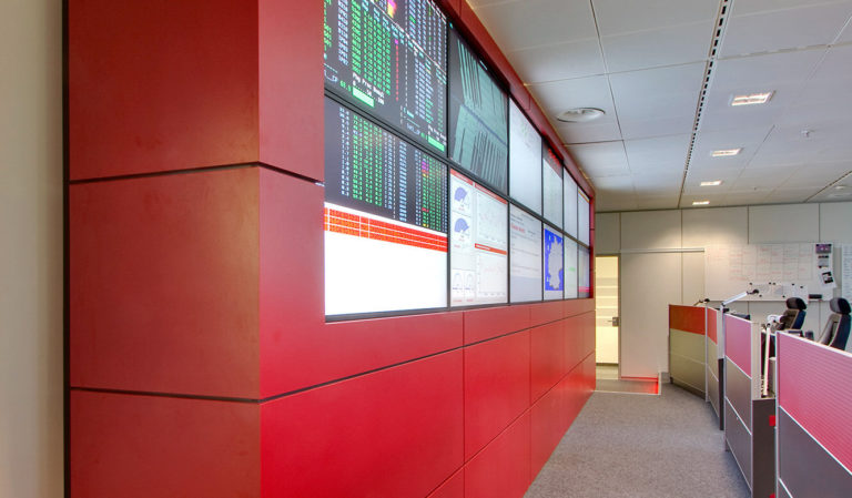 Generali Aachen - IT control centre of JST - large display wall. View from the side.