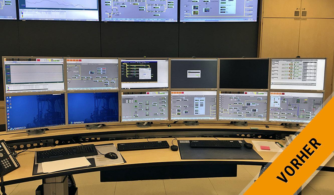 JST Gassco Emden: vorher schwer zu überblicken zwölf Monitore Arbeitsplatz