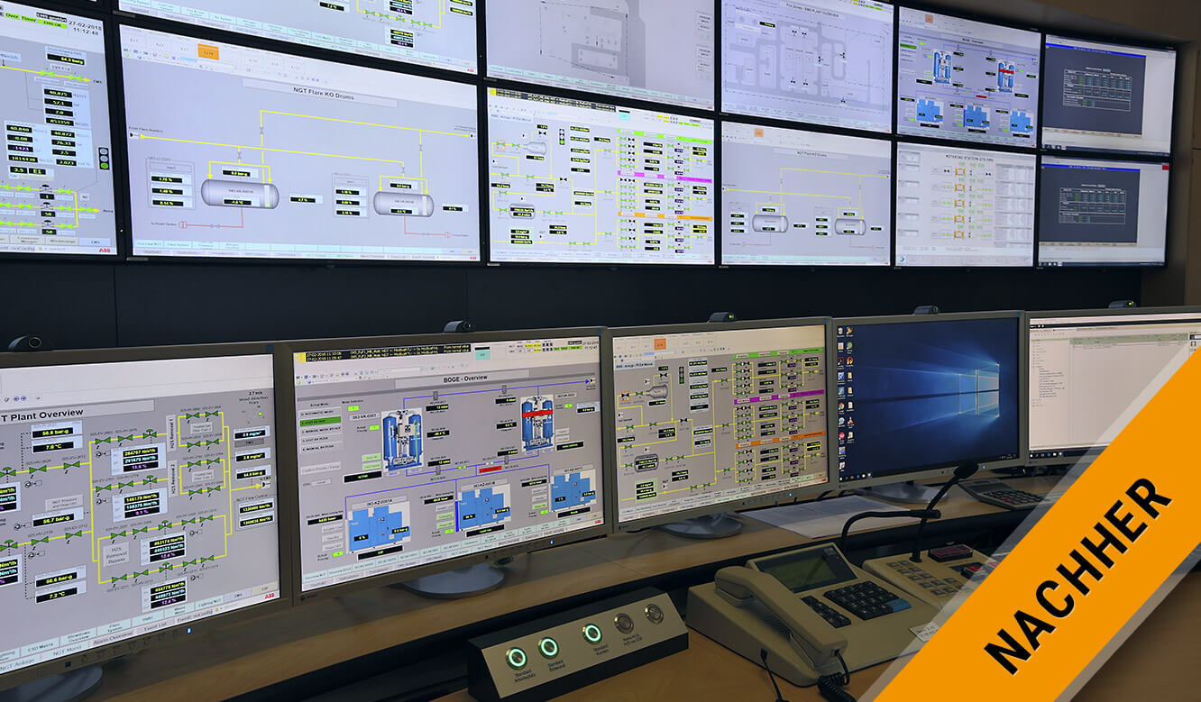 JST Gassco Emden: Nachher. Großbild-Displays und Arbeitsplatz-Monitore perfekt im Blick