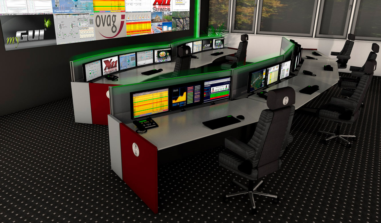 JST - ovag Netz GmbH - Network control center: 3D planning of the control room with ergonomic furniture and monitor wall