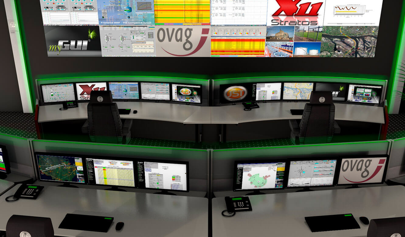 JST - ovag Netz GmbH - Network control center: 3D planning of control room workstations.
         In front of the monitor wall.