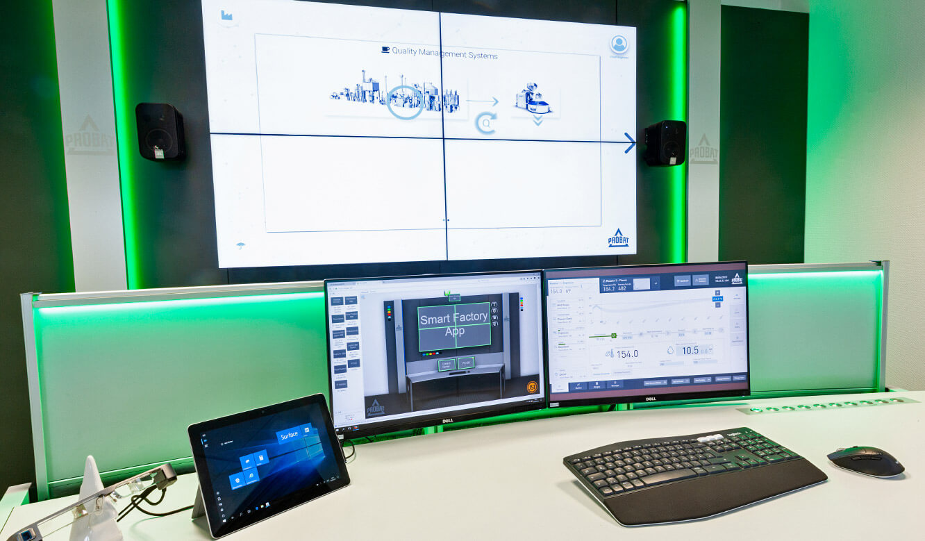 JST Probat-Werke control room production showroom: large screen and operator stations