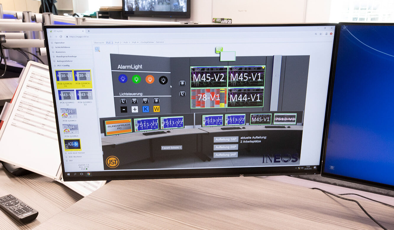 JST INEOS Oxide: modern control station technology and ergonomic furniture.
         myGUI User interface for Multiconsoling