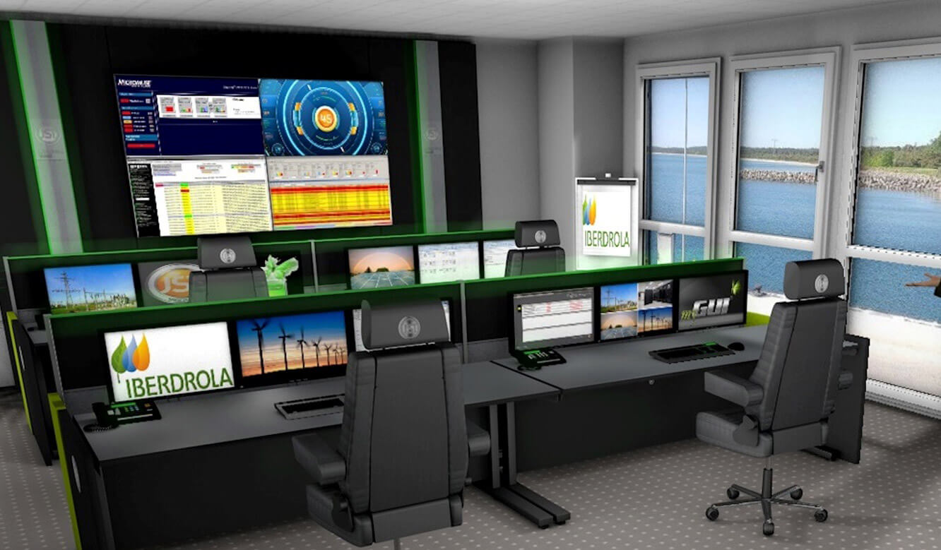 JST-Referenz Iberdrola Sassnitz: Leitstelle Windenergie - 3D-Visualisierung der Operator-Arbeitsplaetze vor der Großbildleinwand