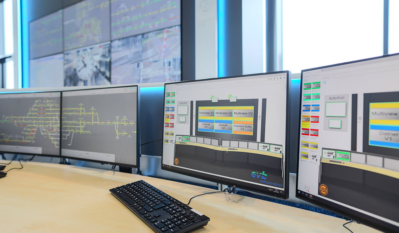 JST reference EVB operating centre: Workstation monitors in the control centre with interactive user interface for control room control