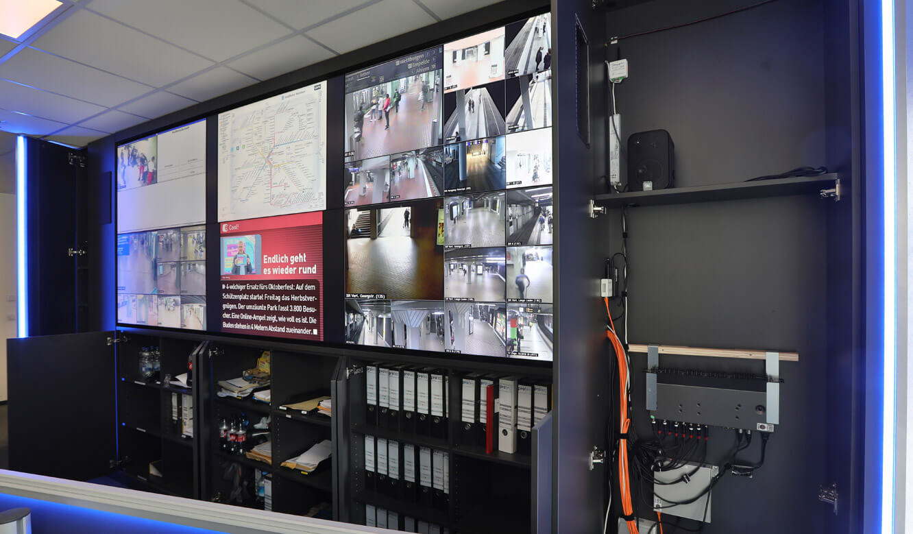 JST Referenz protec service GmbH - modern IT solution emergency control center - multifunctional video wall with large space in storage compartments