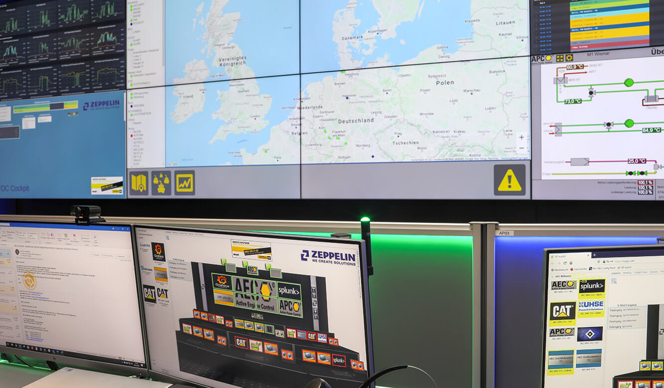 JST Referenz Zeppelin Power Systems Fleet Operations Center - Großbildtechnik ergänzt die Monitore am Operator-Pult