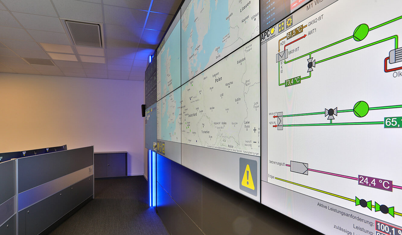 JST Reference Zeppelin Power Systems Fleet Operations Center - Large display wall with eight business displays
