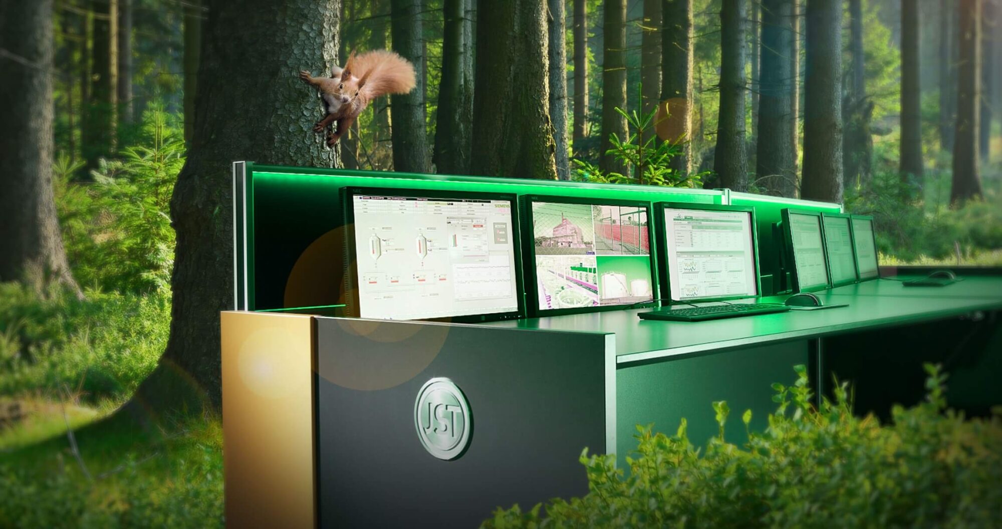 Kontrollraumpult mit dem Wald im Hintergrund