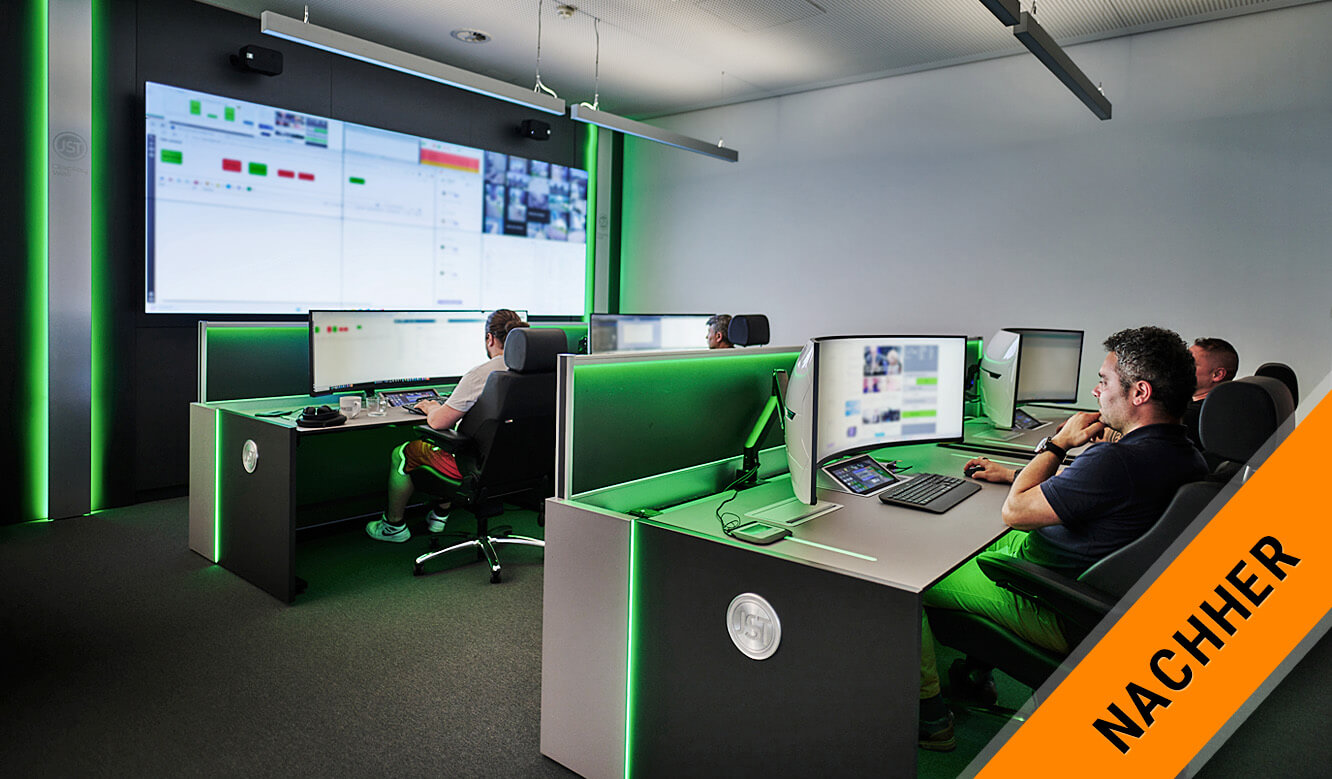 JST OEDIV IT-Leitstand - heute: vier ergonomische Operator-Arbeitsplätze vor der Monitorwand