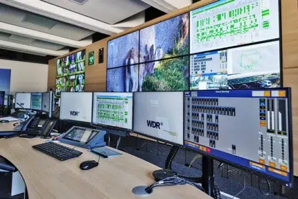 JST Referenz NOC Betriebszentrum WDR: Operator-Arbeitsplatz mit Monitoren vor der Videowall