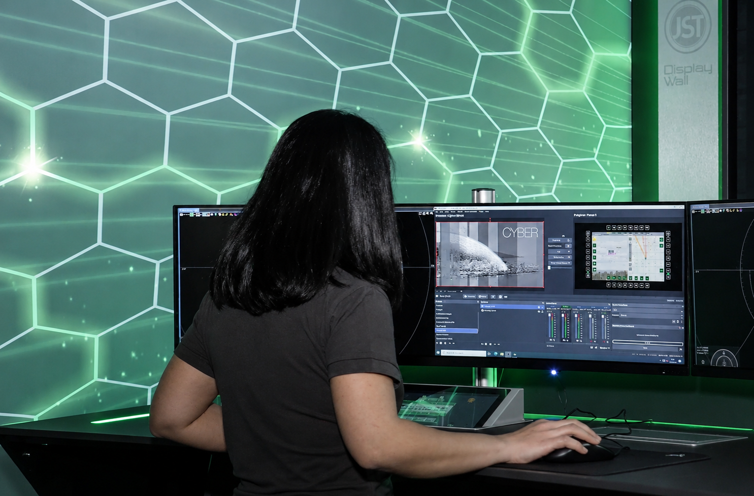Operatorin an einem ergonomischen Kontrollraum-Arbeitsplatz im HENSOLDT Battle Lab von JST.